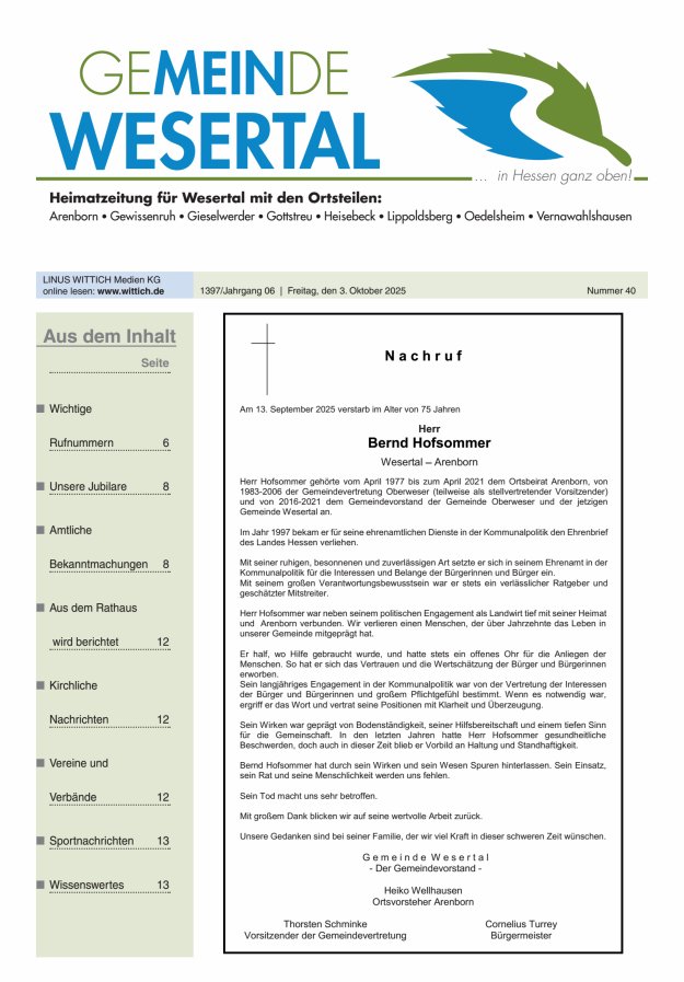 Wesertal Titelblatt 40/2025