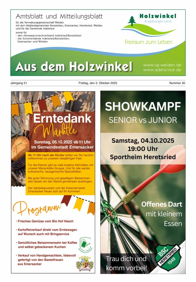 Aus dem Holzwinkel Amtsblatt u Mitteilungsblatt f VG Welden u GemAdelsried Titelblatt 40/2025