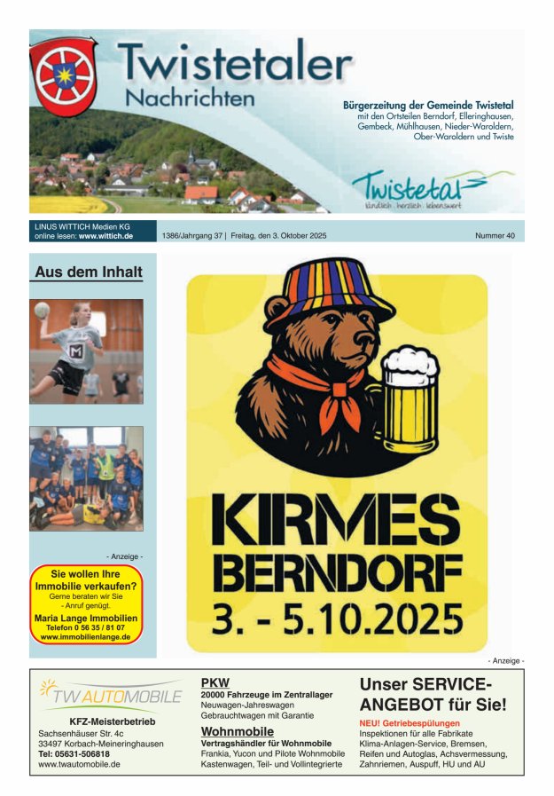 Twistetaler Nachrichten Titelblatt 40/2025