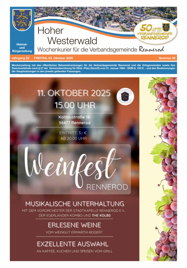 Hoher Westerwald - Wochenkurier für die Verbandsgemeinde Rennerod Titelblatt 40/2025