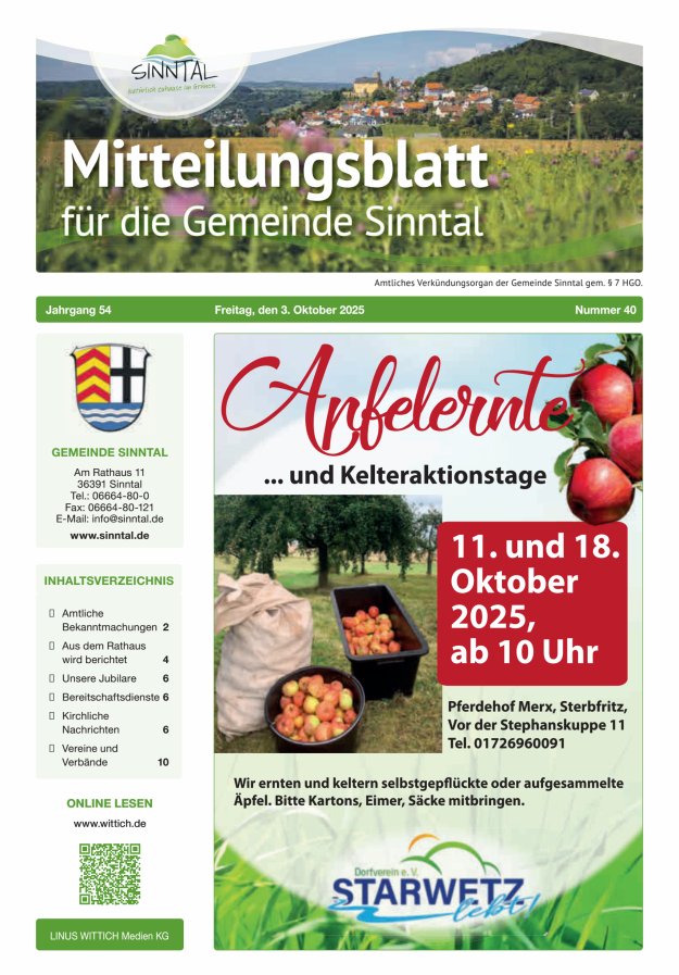 Mitteilungsblatt für die Gemeinde Sinntal Titelblatt 40/2025