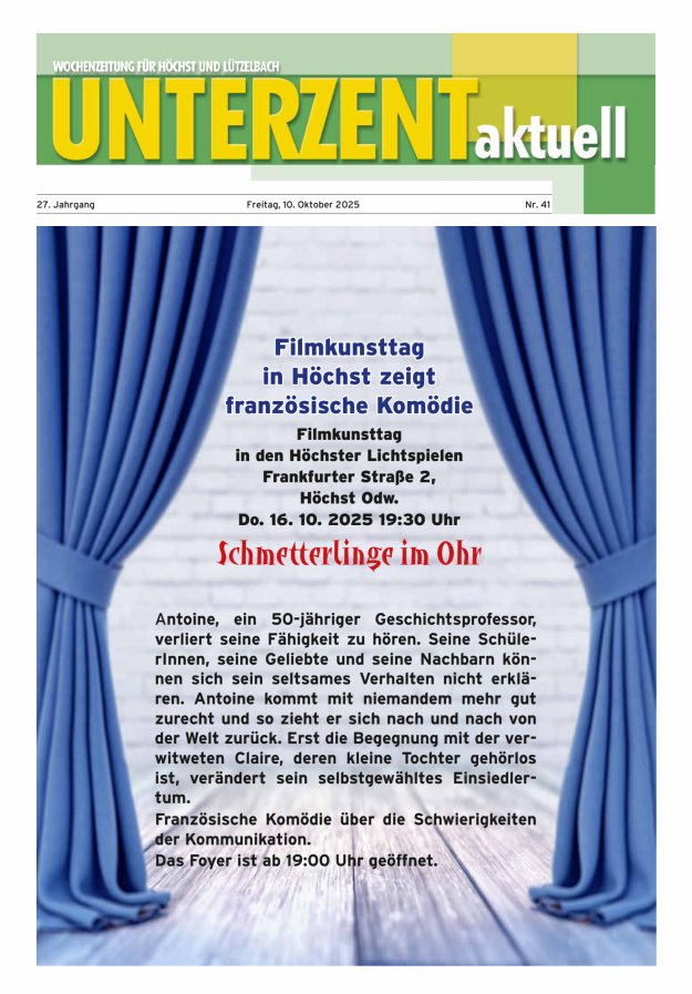 Unterzent aktuell Wochenzeitung für Höchst und Lützelbach Titelblatt 41/2025