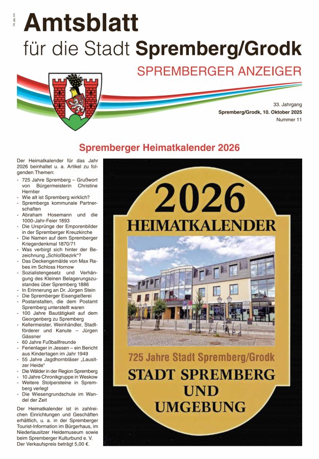 Amtsblatt für die Stadt Spremberg/Grodk – Spremberger Anzeiger Titelblatt 11/2025