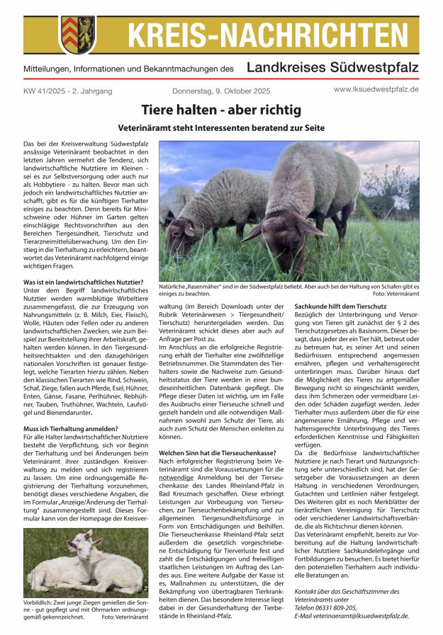 Kreis-Nachrichten - Mitteilungen des Landkreises Südwestpfalz Titelblatt 20/2025