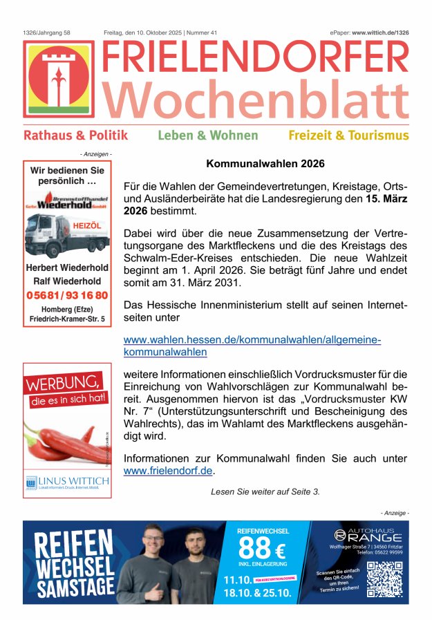 Frielendorfer Wochenblatt Titelblatt 41/2025