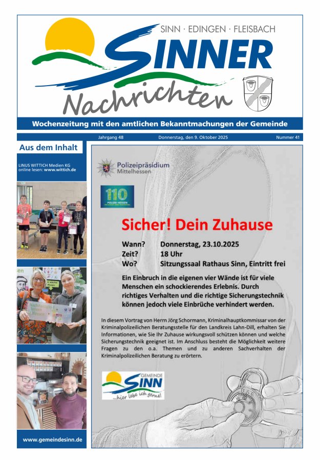 Sinner Nachrichten Titelblatt 41/2025