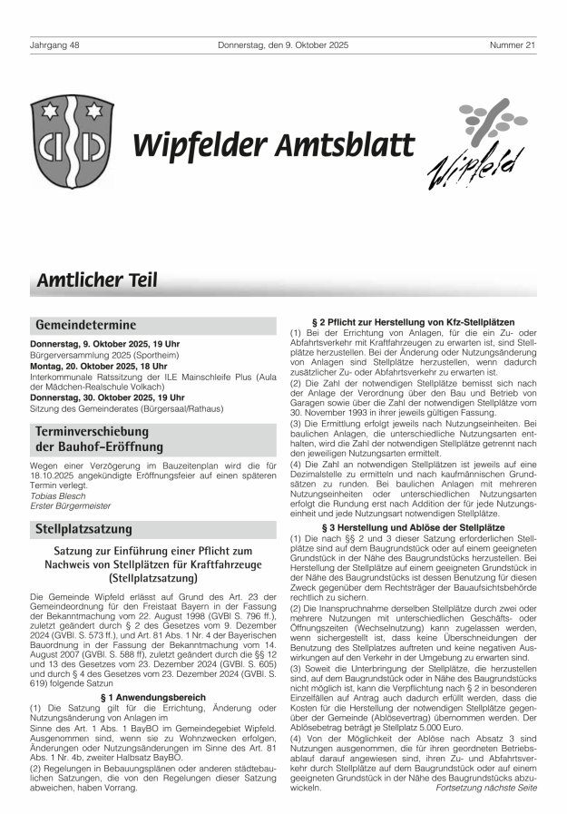 Wipfelder Amtsblatt Titelblatt 21/2025