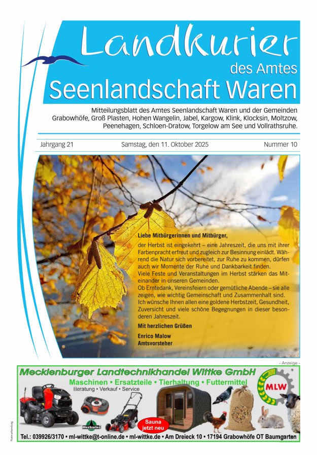 Landkurier des Amtes Seenlandschaft Waren Titelblatt 10/2025