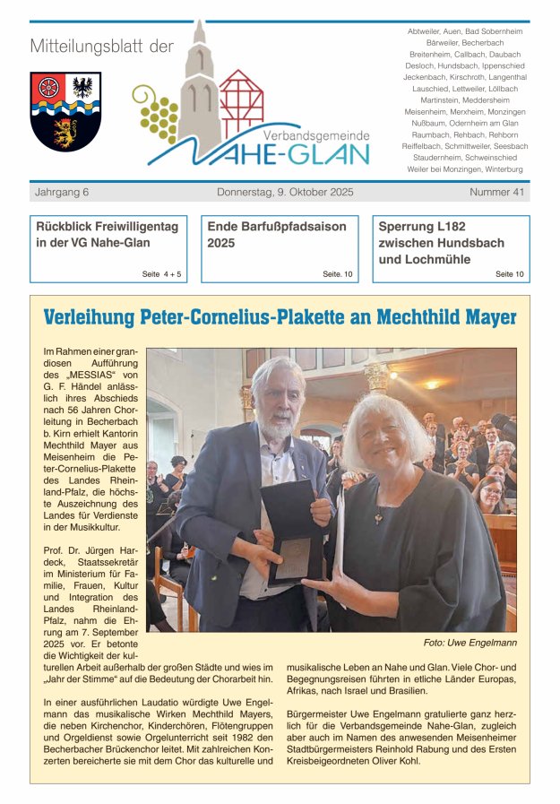 Mitteilungsblatt für die Verbandsgemeinde Nahe-Glan Titelblatt 41/2025
