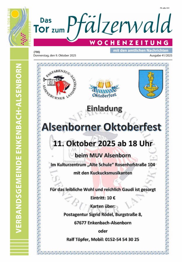 Das Tor zum Pfälzer Wald - VG Enkenbach-Alsenborn Titelblatt 41/2025