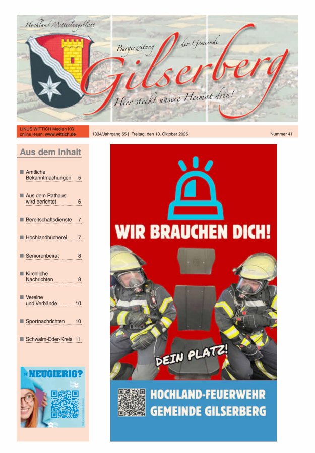 Hochland Mitteilungsblatt Gilserberg Titelblatt 41/2025