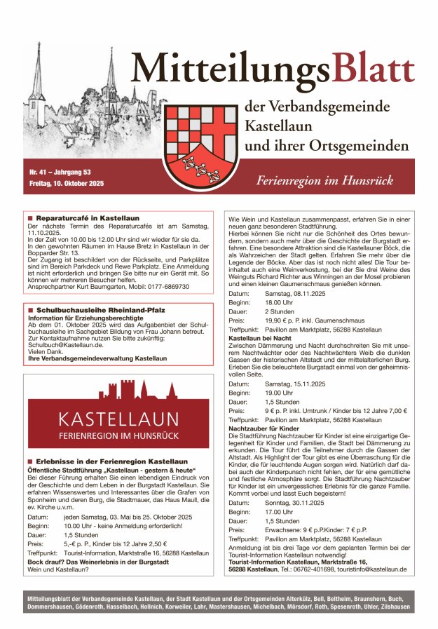 Mitteilungsblatt Kastellaun Titelblatt 41/2025