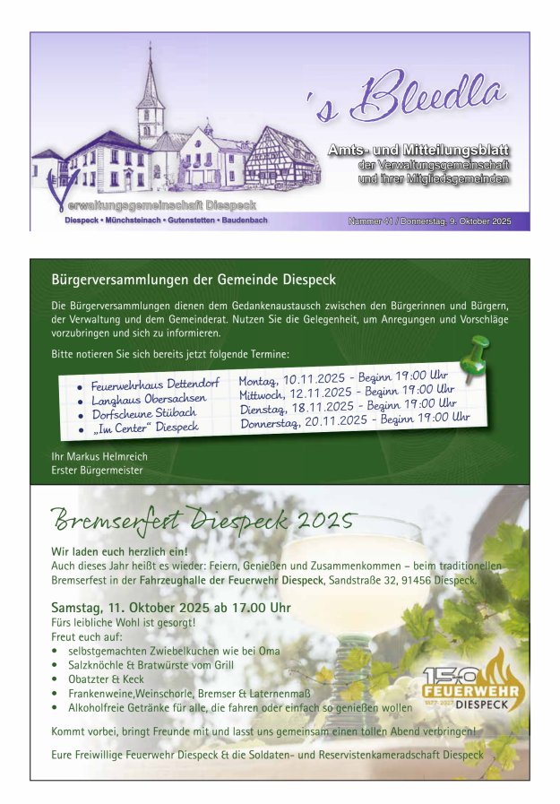 Amts- und Mitteilungsblatt VGem Diespeck Titelblatt 41/2025