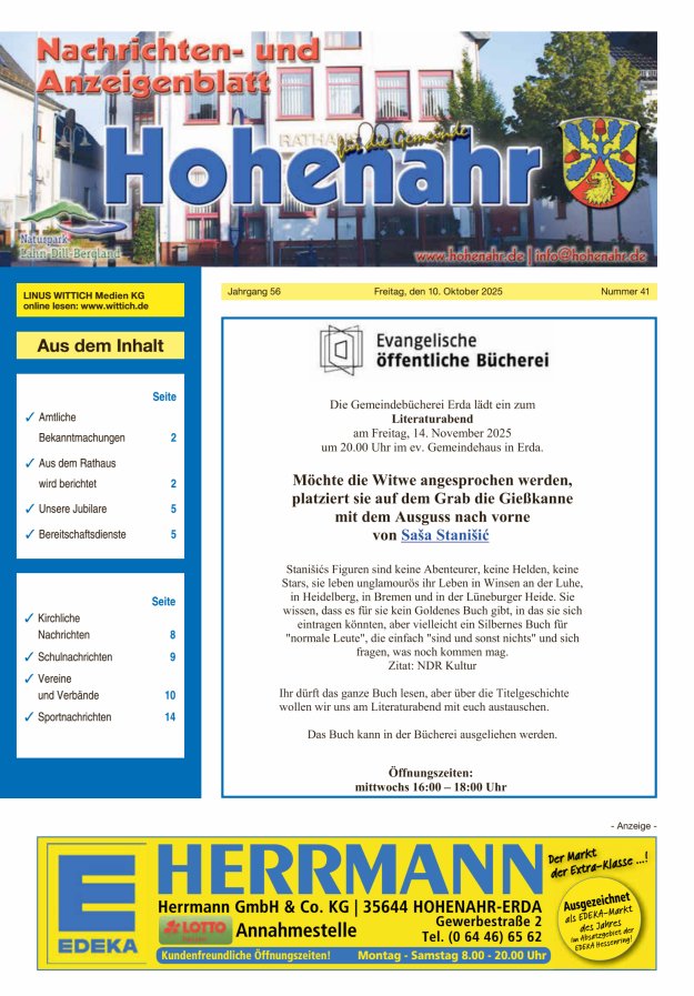 Nachrichten- und Anzeigenblatt für die Gemeinde Hohenahr Titelblatt 41/2025