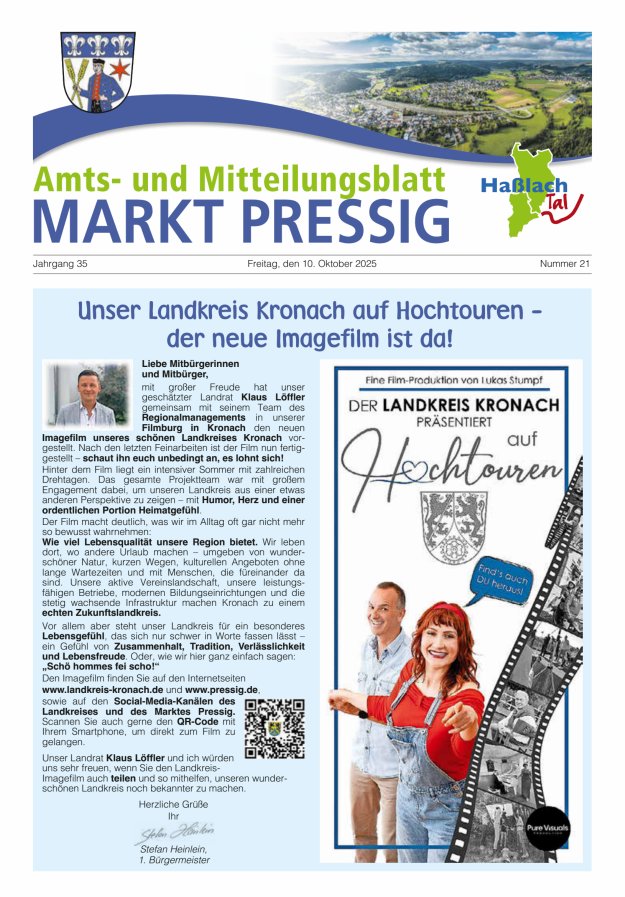 Amtsblatt für den Markt Pressig mit den Gemeindeteilen Titelblatt 21/2025