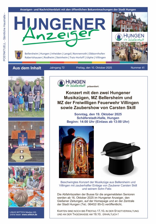 Anzeigen- und Nachrichtenblatt mit den öff  Bekanntmachungen der Stadt Hungen Titelblatt 41/2025
