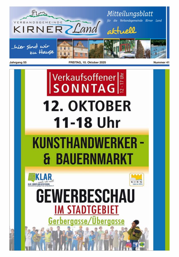 Mitteilungsblatt für den Bereich der Verbandsgemeinde Kirner Land Titelblatt 41/2025