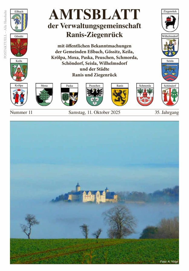 Amtsblatt der Verwaltungsgemeinschaft Ranis-Ziegenrück Titelblatt 11/2025