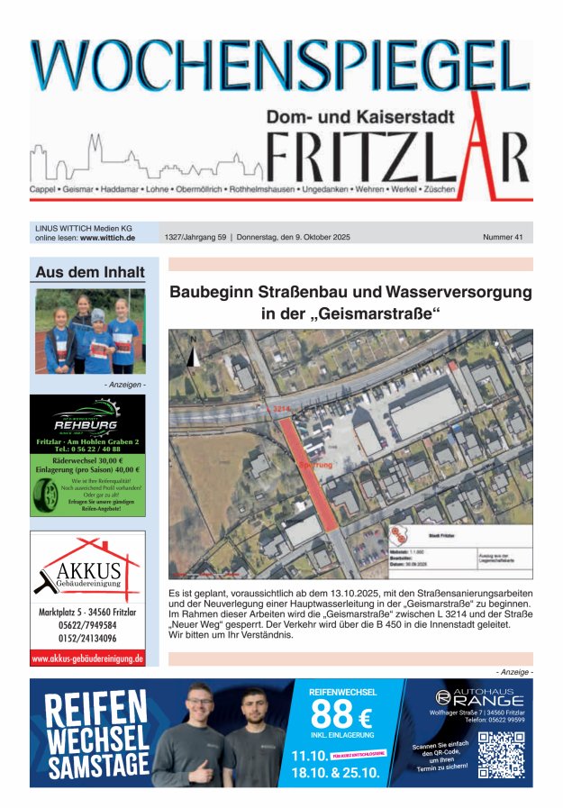 Wochenspiegel Dom- und Kaiserstadt Fritzlar Titelblatt 41/2025