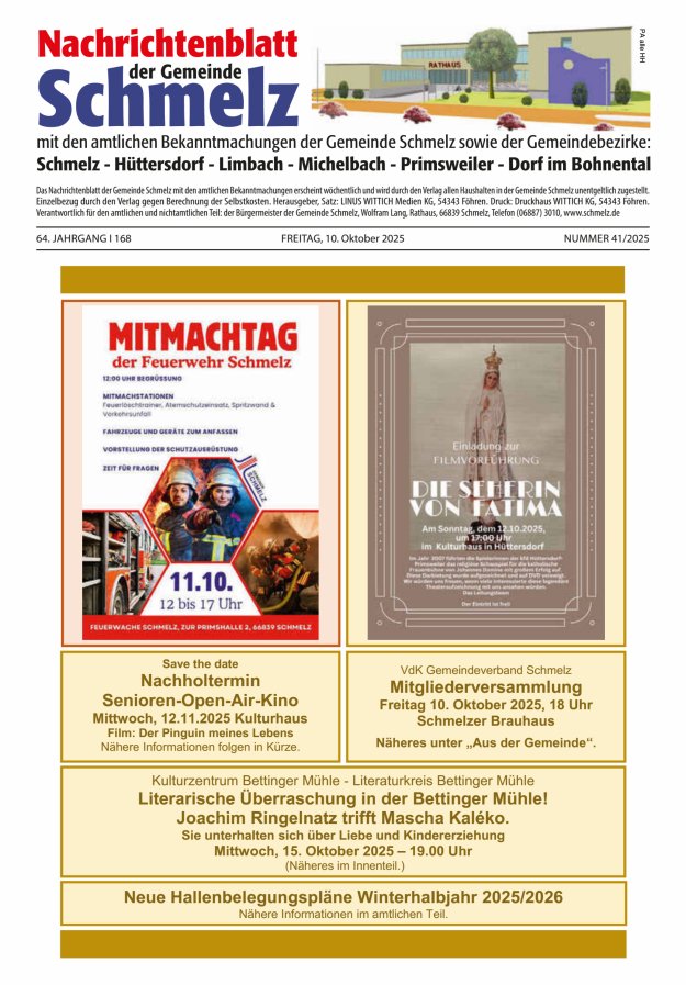 Nachrichtenblatt Schmelz Titelblatt 41/2025
