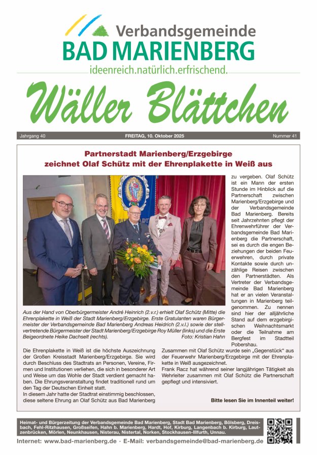 Wäller Blättchen - Verbandsgemeinde Bad Marienberg Titelblatt 41/2025