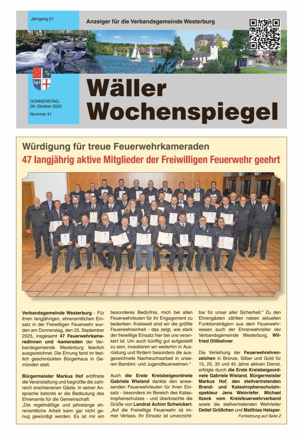 Wäller Wochenspiegel - Anzeiger für die Verbandsgemeinde Westerburg Titelblatt 41/2025