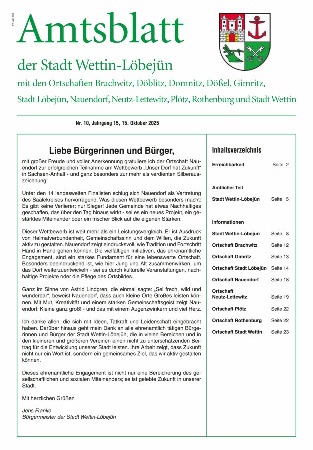 Amtsblatt der Stadt Wettin-Löbejün mit den Ortsteilen Titelblatt 10/2025