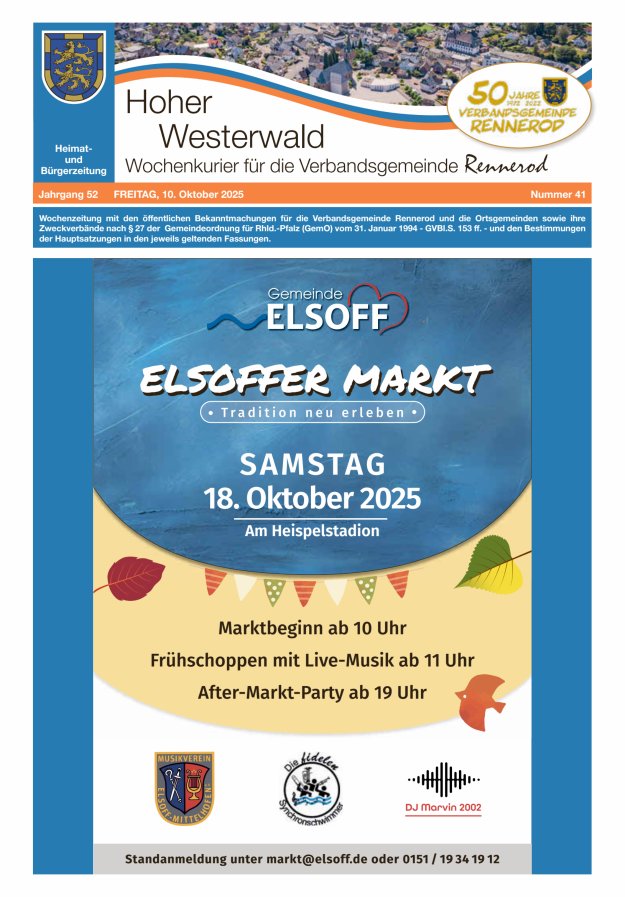 Hoher Westerwald - Wochenkurier für die Verbandsgemeinde Rennerod Titelblatt 41/2025