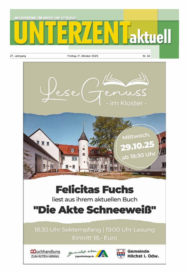 Unterzent aktuell Wochenzeitung für Höchst und Lützelbach Titelblatt 42/2025