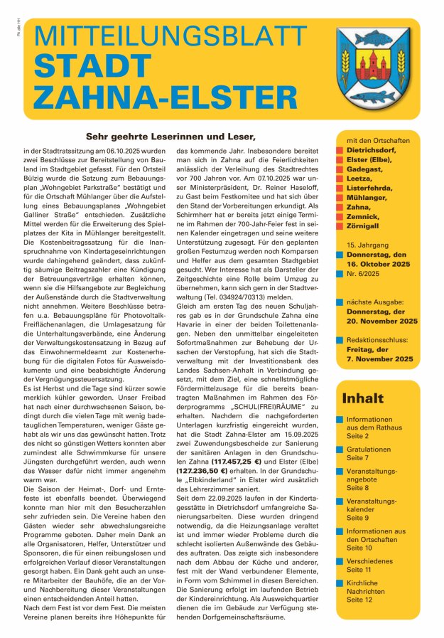 Mitteilungsblatt Stadt Zahna-Elster mit den Ortschaften Titelblatt 06/2025