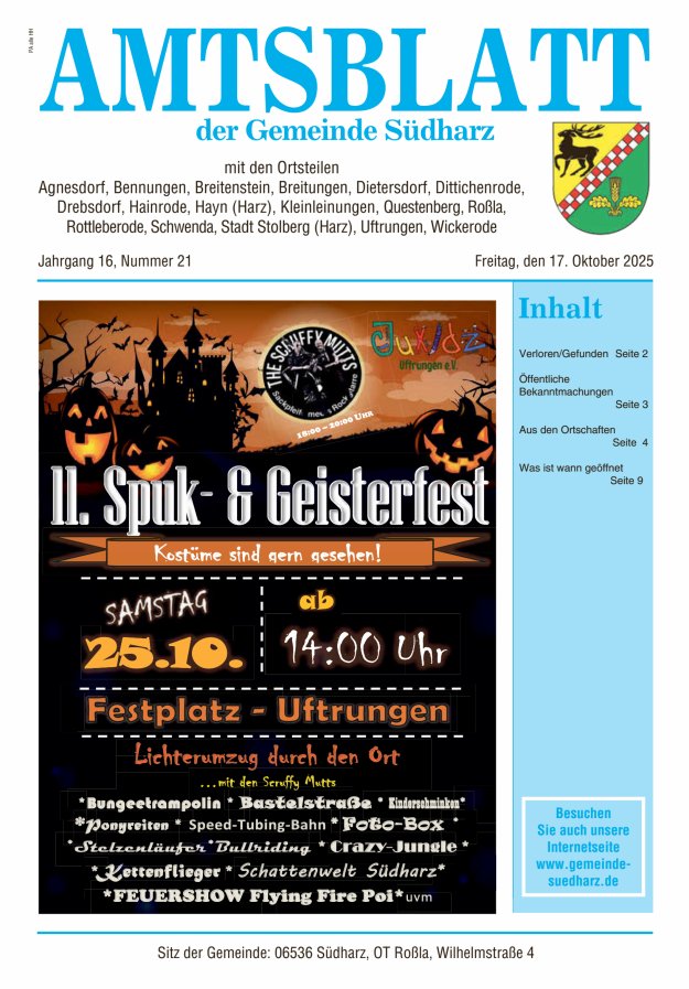 Amtsblatt der Gemeinde Südharz Titelblatt 21/2025