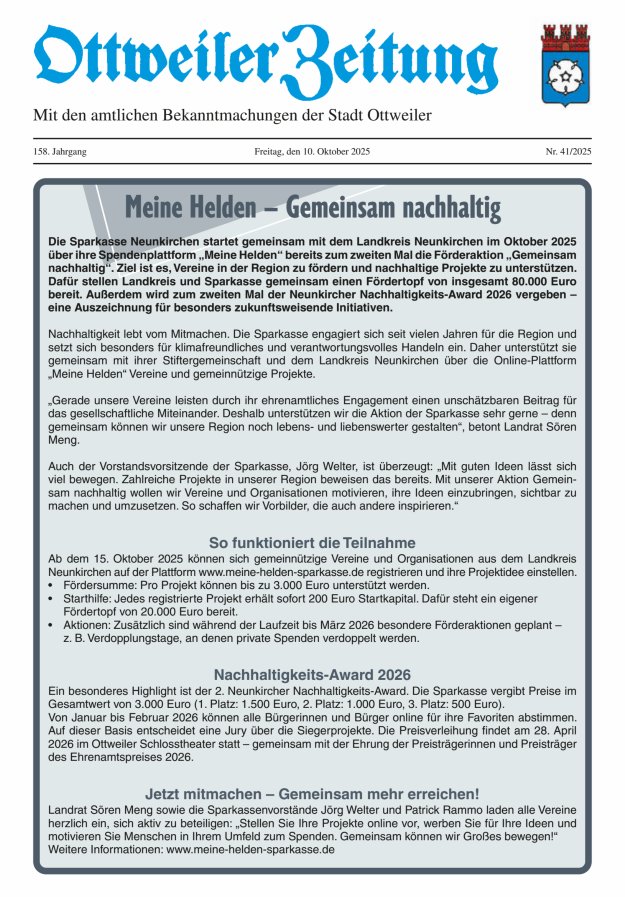Ottweiler Zeitung Titelblatt 41/2025