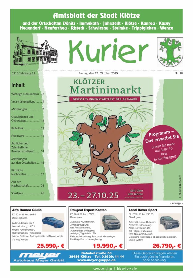 Stadt Klötze Kurier Titelblatt 10/2025