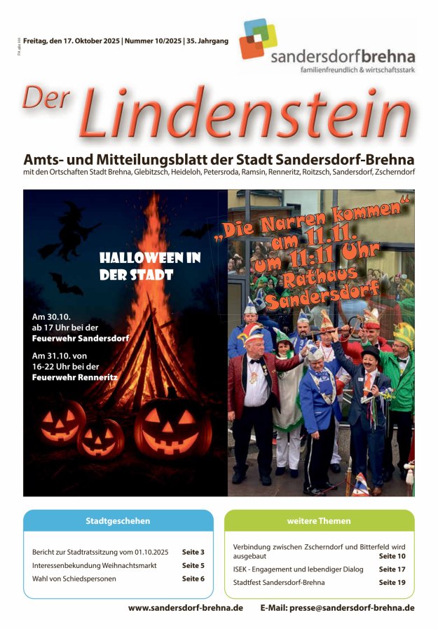 Der Lindenstein Amts- und Mitteilungsblatt der Stadt Sandersdorf-Brehna Titelblatt 10/2025