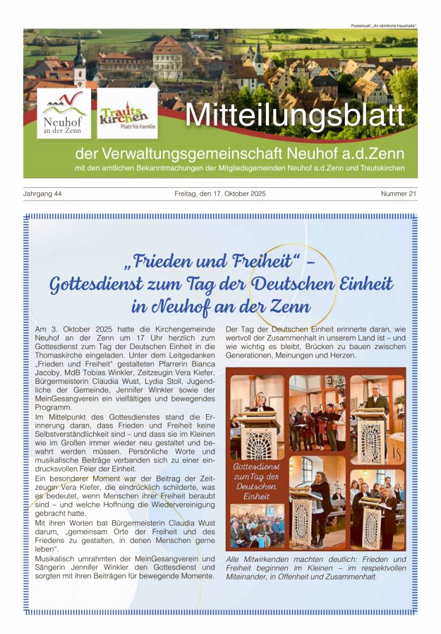 Mitteilungsblatt der Verwaltungsgemeinschaft Neuhof an der Zenn mit den amtlichen Bekanntmachungen der Mitgliedsgemeinden Neuhof an der Zenn und Trautskirchen Titelblatt 21/2025