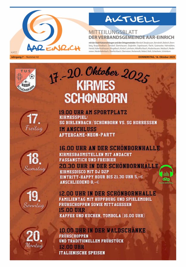 Mitteilungsblatt der Verbandsgemeinde Aar-Einrich Ausgabe Katzenelnbogen Titelblatt 42/2025
