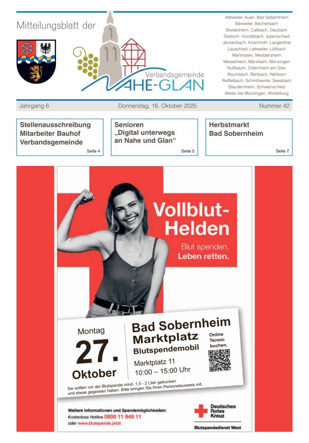 Mitteilungsblatt für die Verbandsgemeinde Nahe-Glan Titelblatt 42/2025
