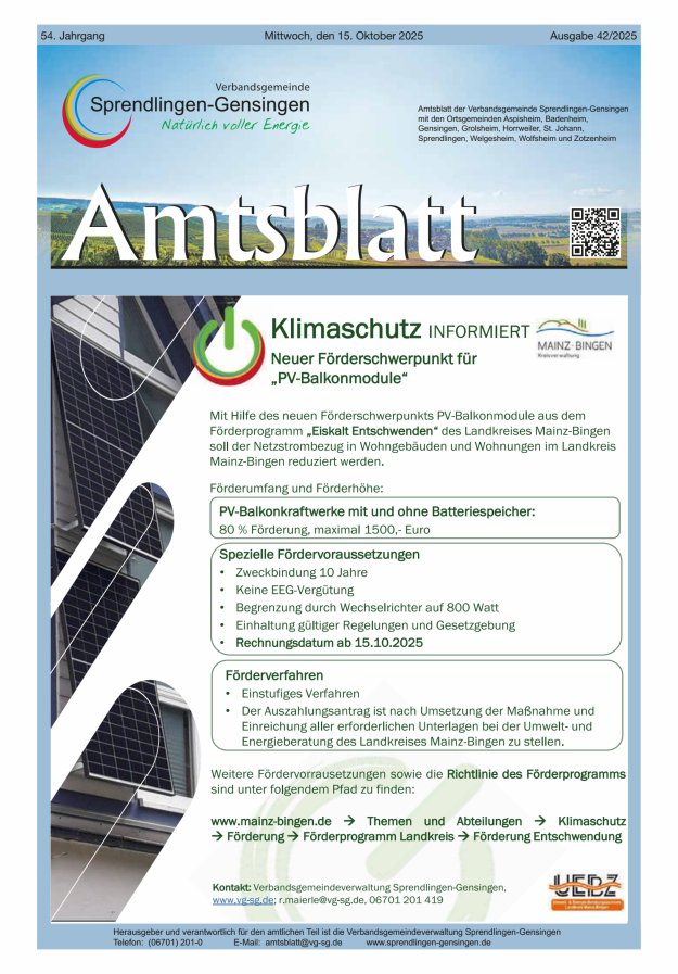 Amtsblatt VG Sprendlingen-Gensingen Titelblatt 42/2025