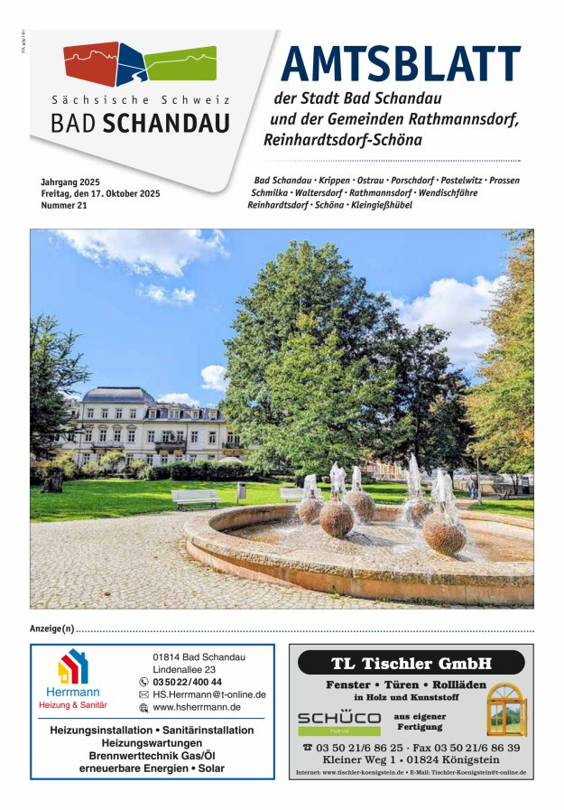 Amtsblatt der Stadt Bad Schandau und der Gemeinden Titelblatt 21/2025