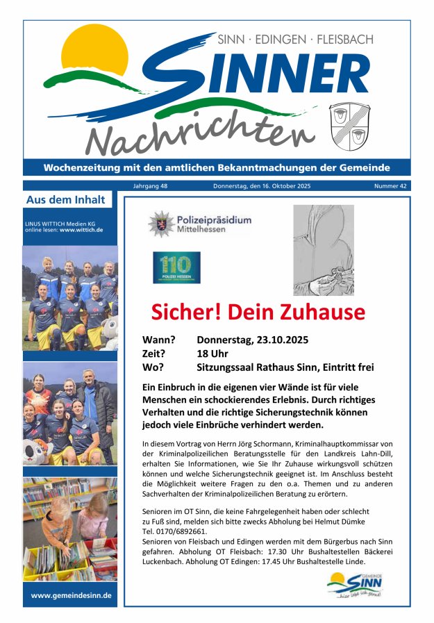 Sinner Nachrichten Titelblatt 42/2025