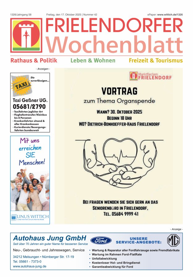 Frielendorfer Wochenblatt Titelblatt 42/2025
