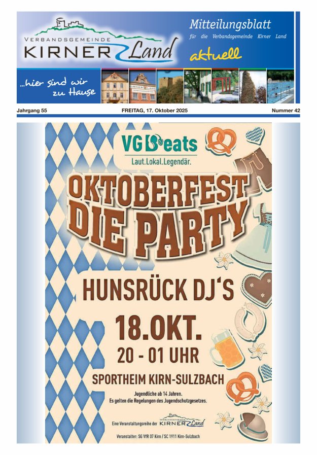 Mitteilungsblatt für den Bereich der Verbandsgemeinde Kirner Land Titelblatt 42/2025