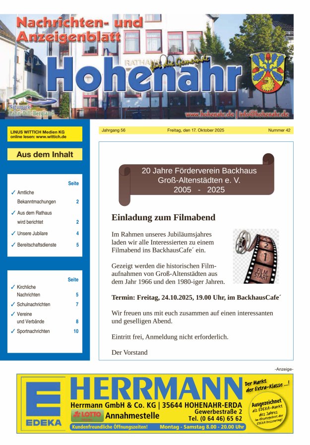 Nachrichten- und Anzeigenblatt für die Gemeinde Hohenahr Titelblatt 42/2025