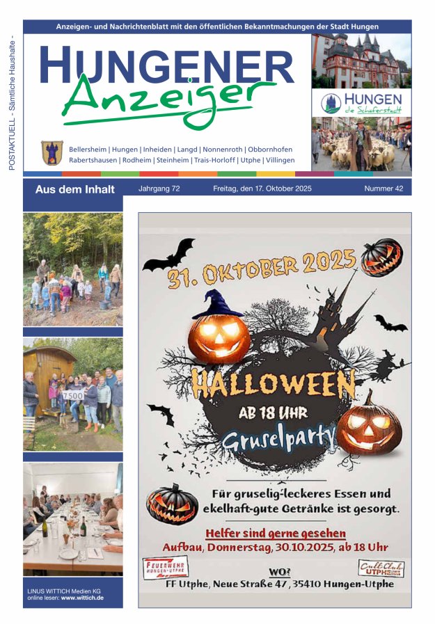 Anzeigen- und Nachrichtenblatt mit den öff  Bekanntmachungen der Stadt Hungen Titelblatt 42/2025
