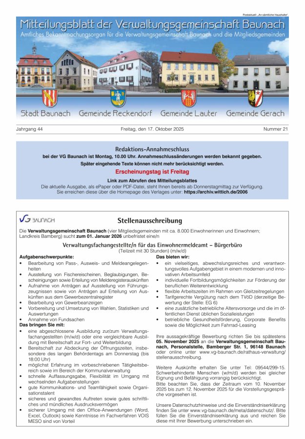 Mitteilungsblatt Verwaltungsgemeinschaft Baunach Titelblatt 21/2025