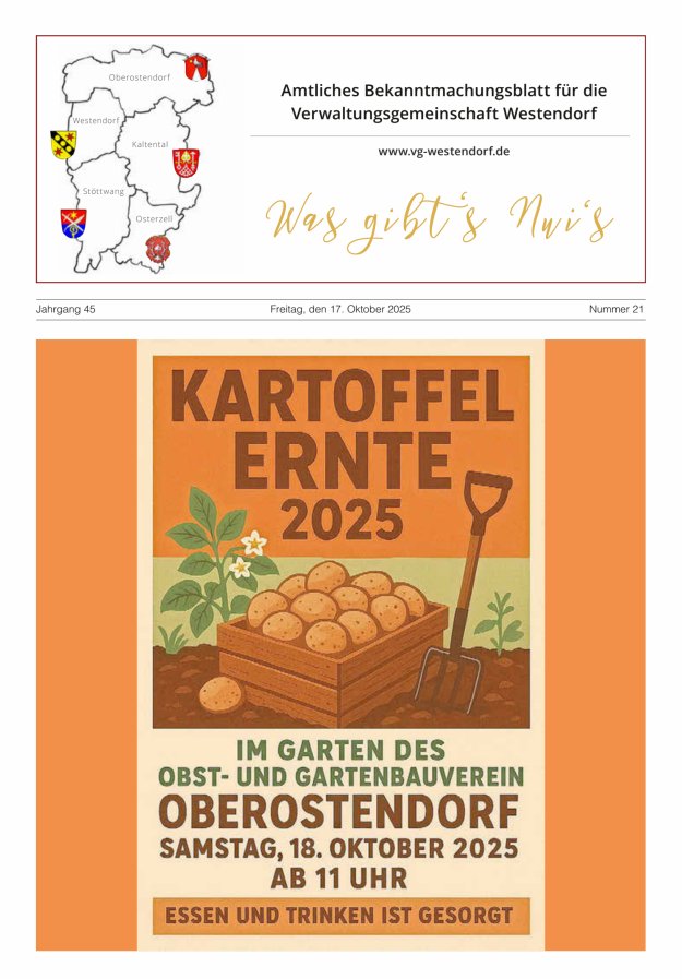 Was gibt's Nui's Amtliches Bekanntmachungsblatt für die VG Westendorf Titelblatt 21/2025
