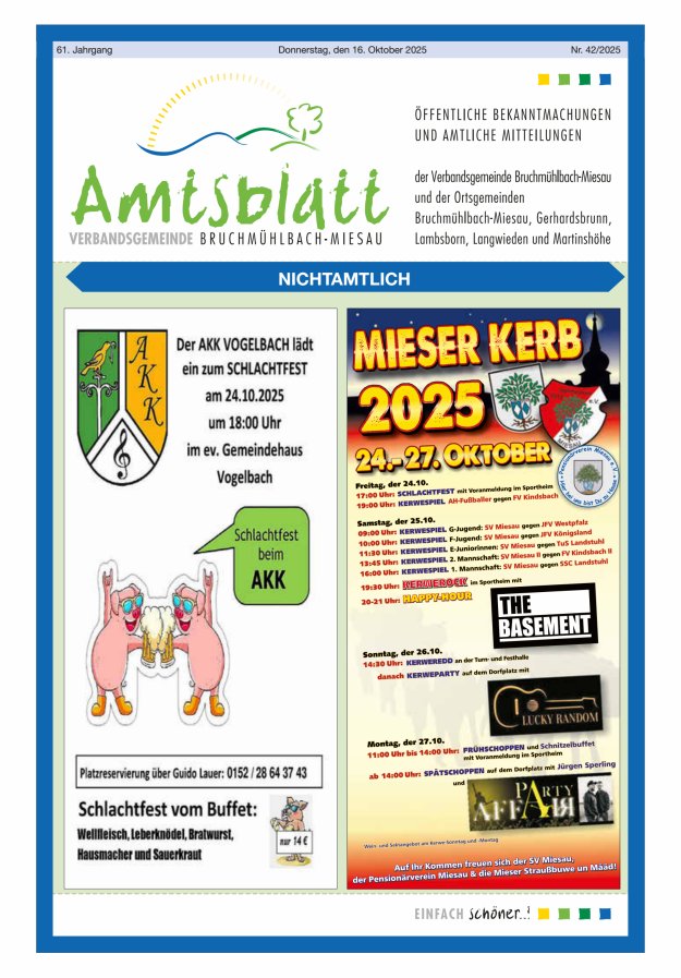Amtsblatt der VG Bruchmühlbach-Miesau Titelblatt 42/2025