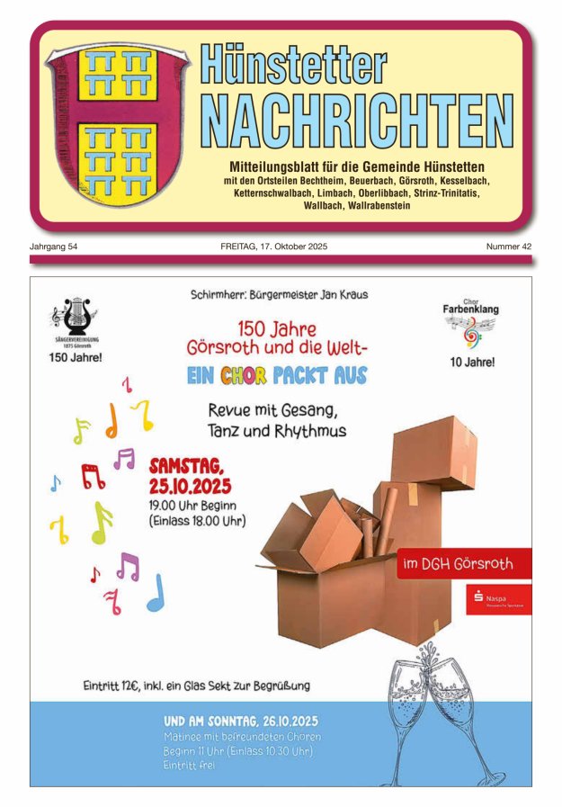 Hünstetter Nachrichten - Mitteilungsblatt für die Gemeinde Hünstetten Titelblatt 42/2025