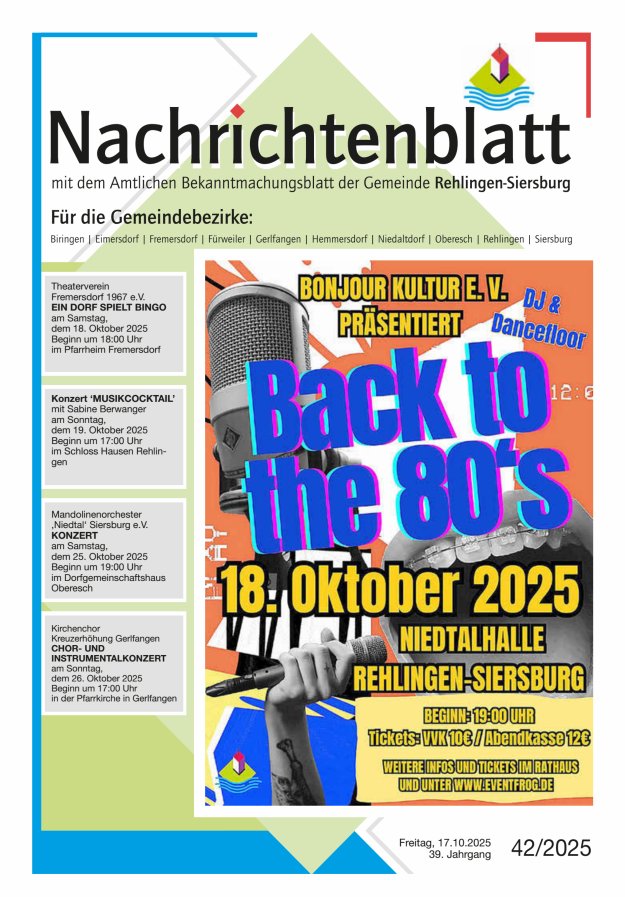 Nachrichtenblatt Rehlingen-Siersburg Titelblatt 42/2025