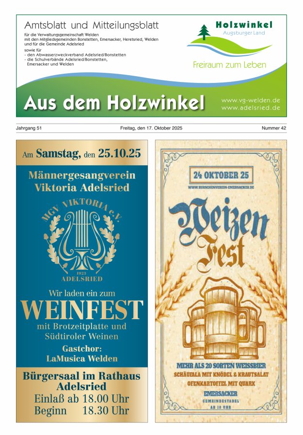 Aus dem Holzwinkel Amtsblatt u Mitteilungsblatt f VG Welden u GemAdelsried Titelblatt 42/2025